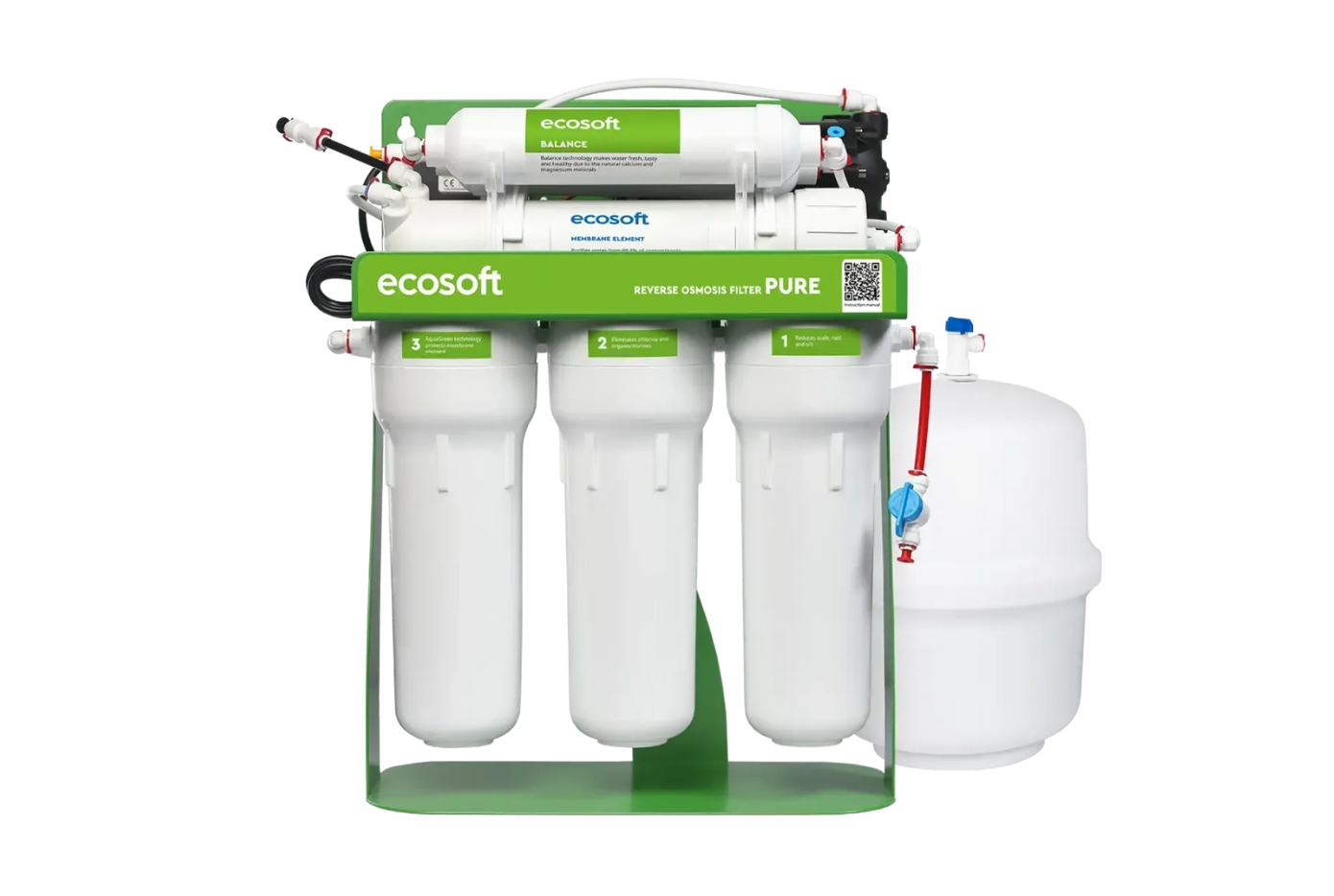 Filtr odwróconej osmozy Ecosoft PURE Balance z pompą - zielona rama z biłymi korpusami i białym zbiornikiem - przód
