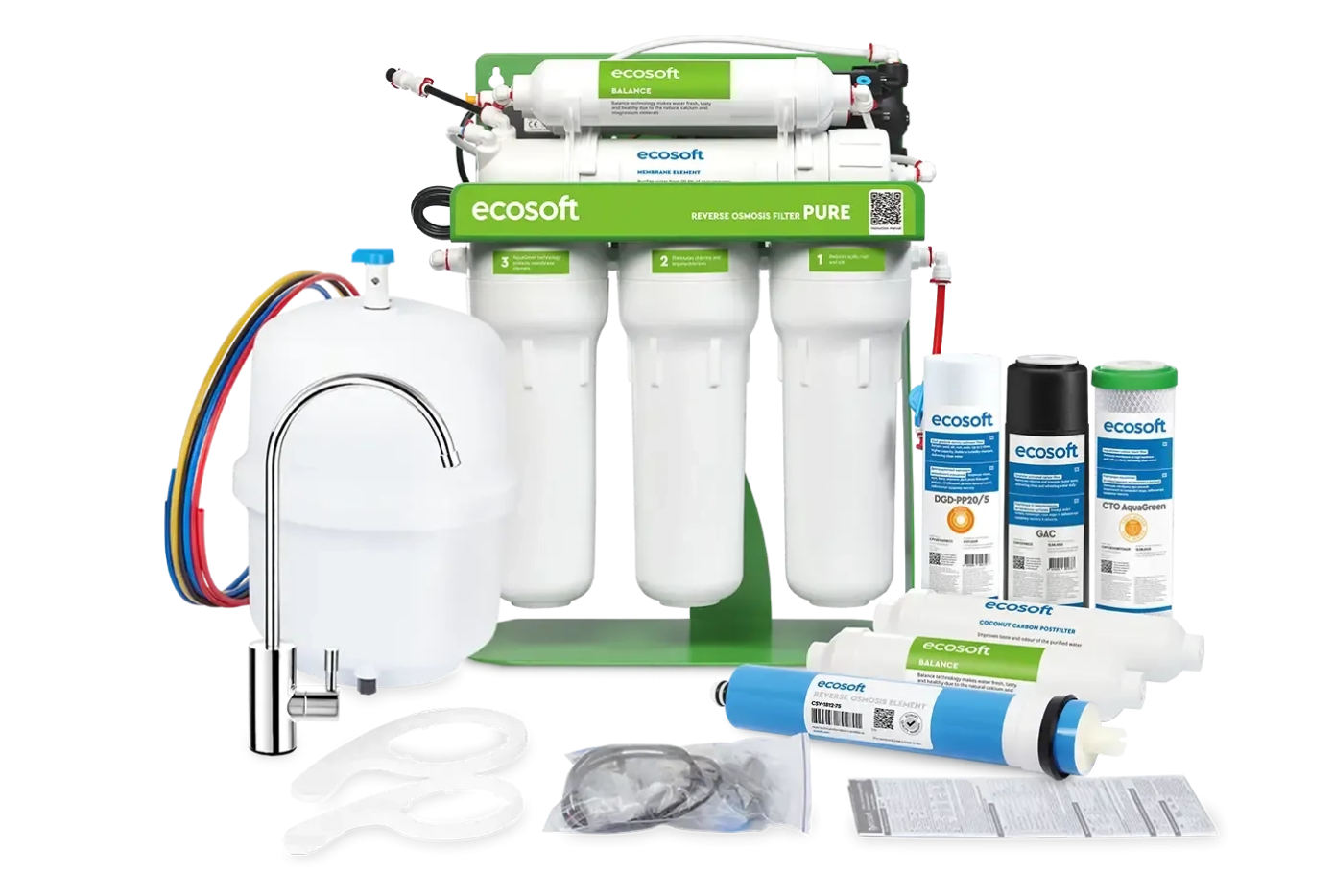 Filtr odwróconej osmozy Ecosoft PURE Balance z pompą - zielona rama z biłymi korpusami i białym zbiornikiem - przód - zestaw - wszystko oddzielnie