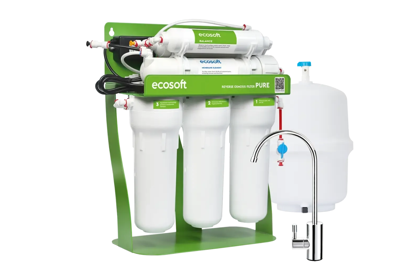 Filtr odwróconej osmozy Ecosoft PURE Balance z pompą - zielona rama z biłymi korpusami i białym zbiornikiem - przód i wylewką - bok