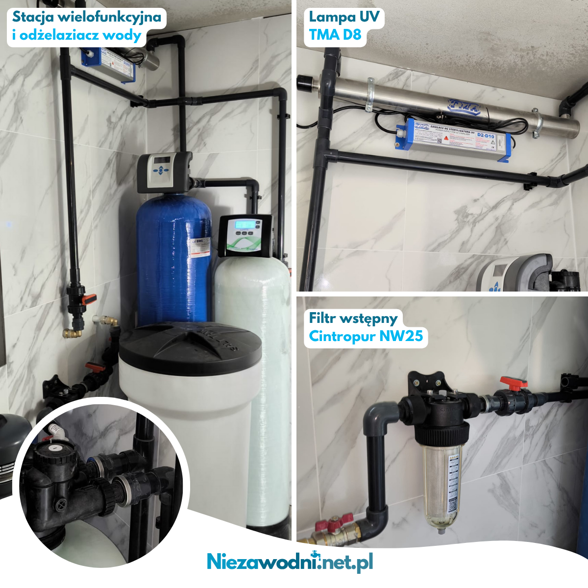 Realizacja - odżelaziacz wody, stacja wielofunkcyjna, lampa UV i filtr wstępny zainstalowane w kotłowni domuna tle marmurowej ściany