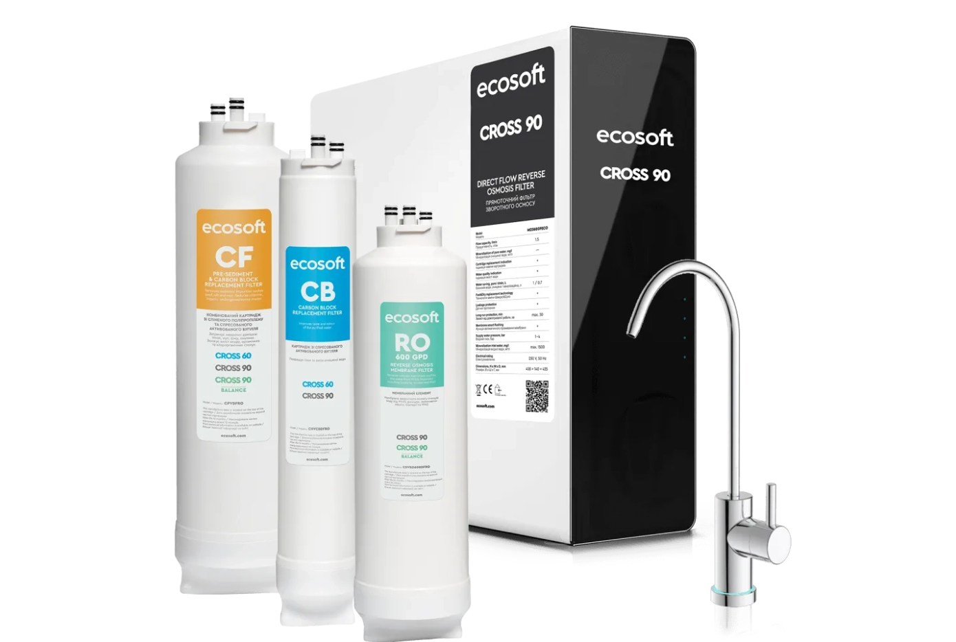 Biało czarny filtr odwróconej osmozy, 3 wkłady filtrujące i bateria srebrna - Ecosoft CROSS 90