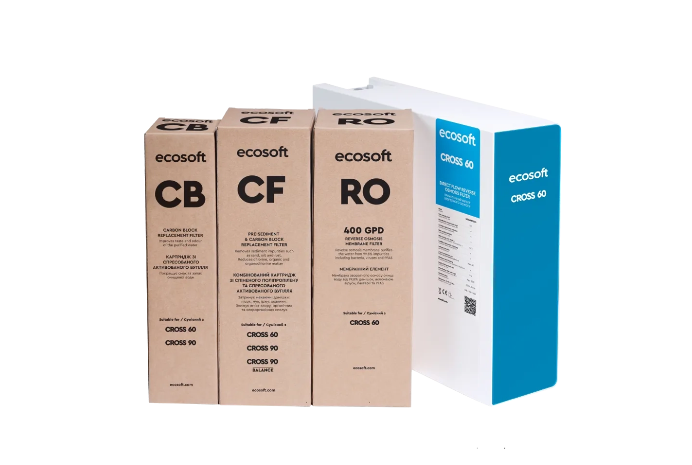 3 filtry w opakowniu i filtr wody - Filtr wody Ecosoft CROSS 60