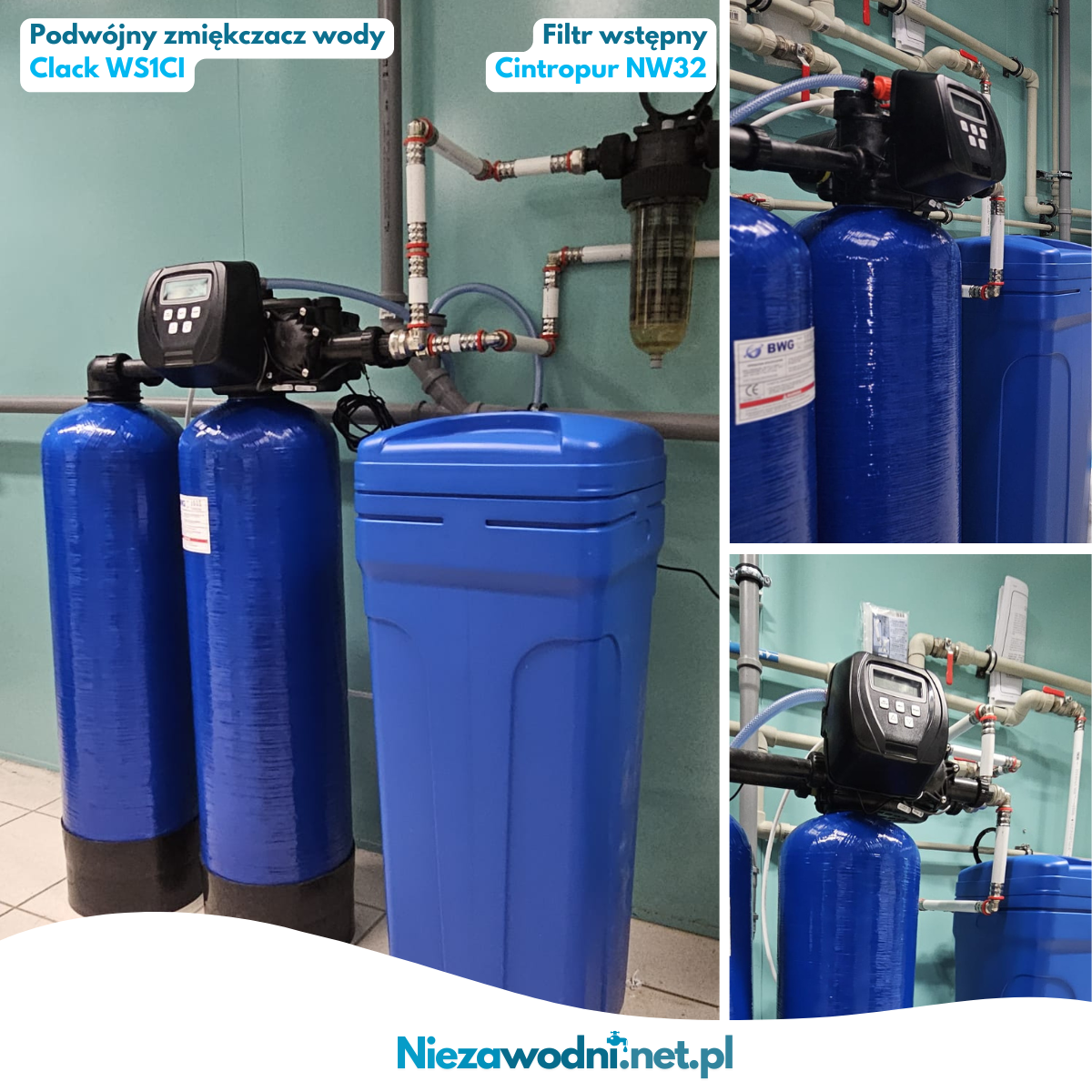 Podwójny zmiękczacz wody zainstalowany w centrum laboratoryjnym - niebieska butla z automatyczną głowicą Clack