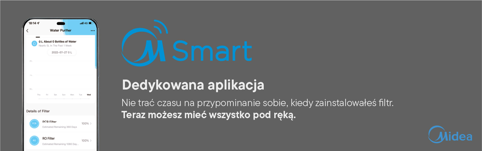 Dedykowana aplikacja w smartofnie -  do systemu odwróconej osmozy Midea ro600g