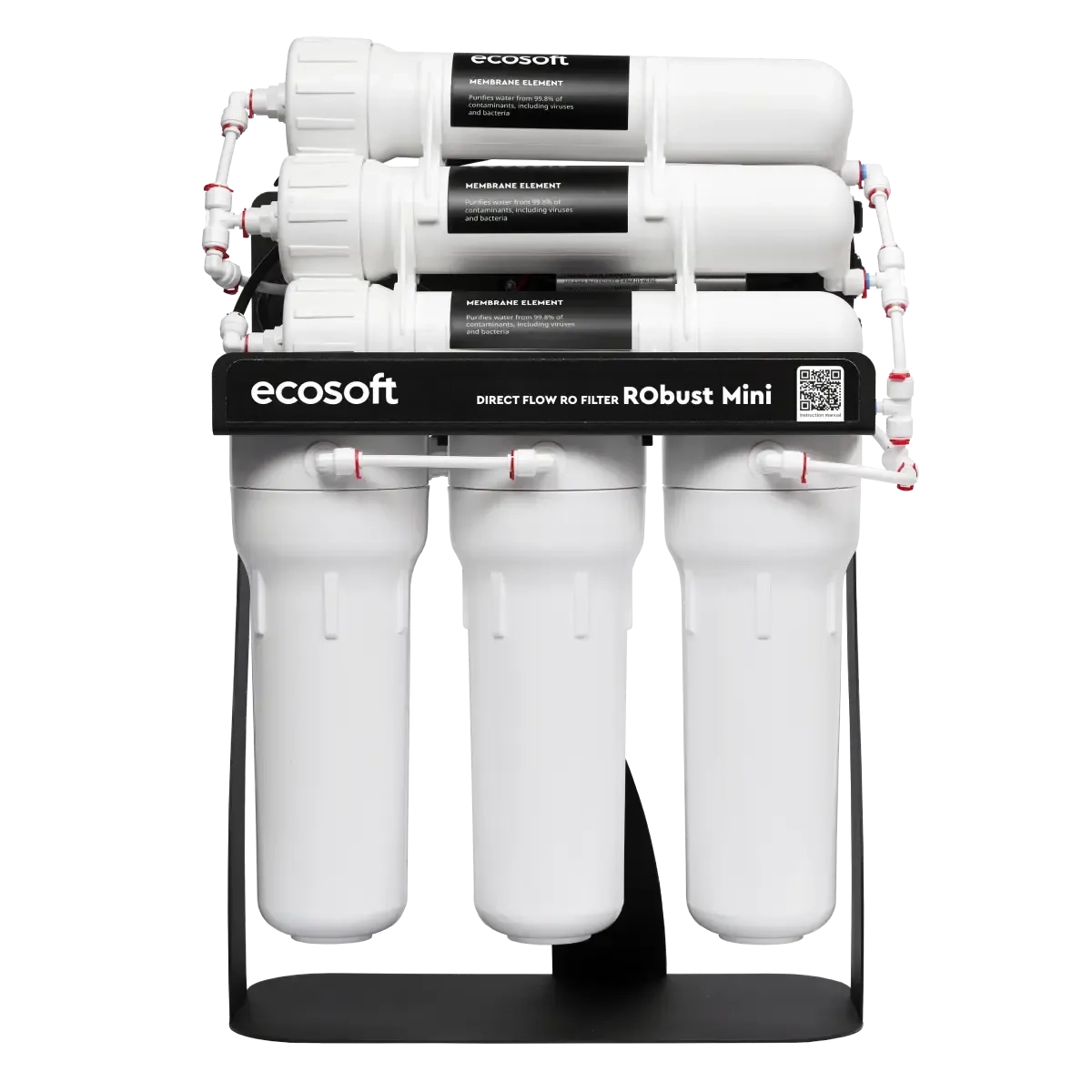 System odwróconej osmozy RoBust Mini - czarny stelaż, 3 białe korpusy filtrów i 3 membrany - od przodu