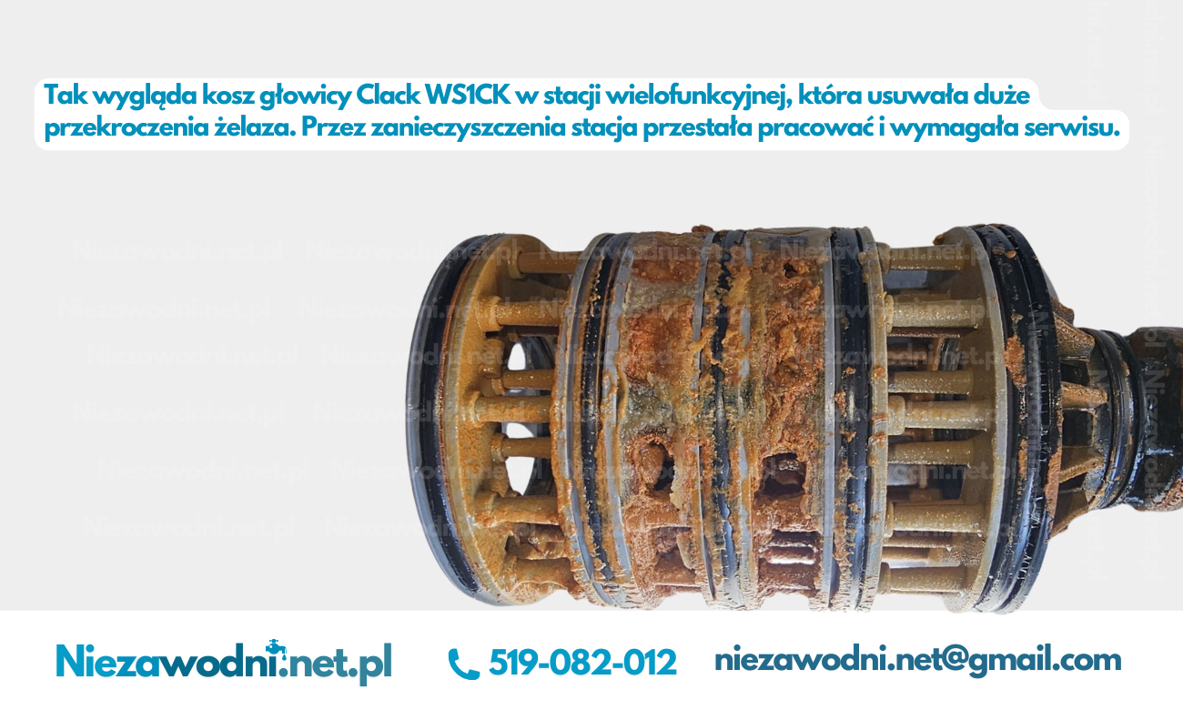 Kosz środkowy głowicy Clack pokryty brązowym osadem z żelaza imanganem