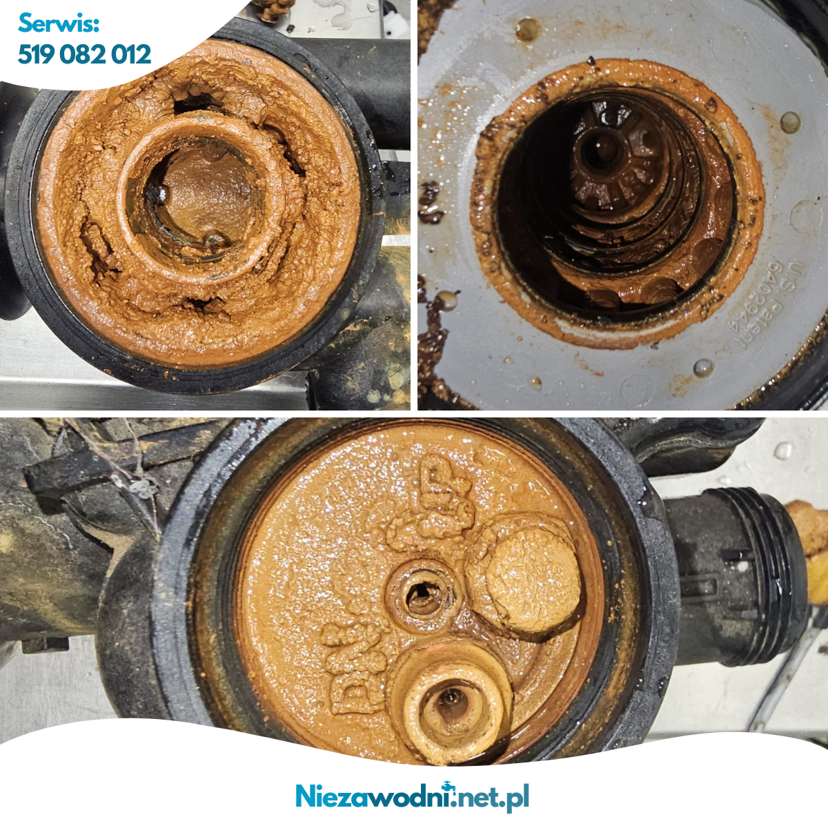 Zdjęcia brudnych głowic uzdatniaczy wody przed wykonaniem serwisu. Osad spowodowany jest żelazem, dlatego jest brązowy