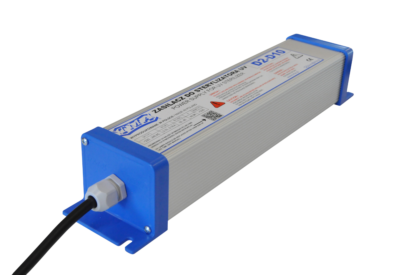 Szafa sterownicza TMA do lamp TMA serii D. Szary, prostokątny zasilacz z aluminiowym korpusem i niebieskimi bokami. Czarny kabel wystaje z przodu obudowy. Z drugiej strony jest wejście do zasilania sieciowego