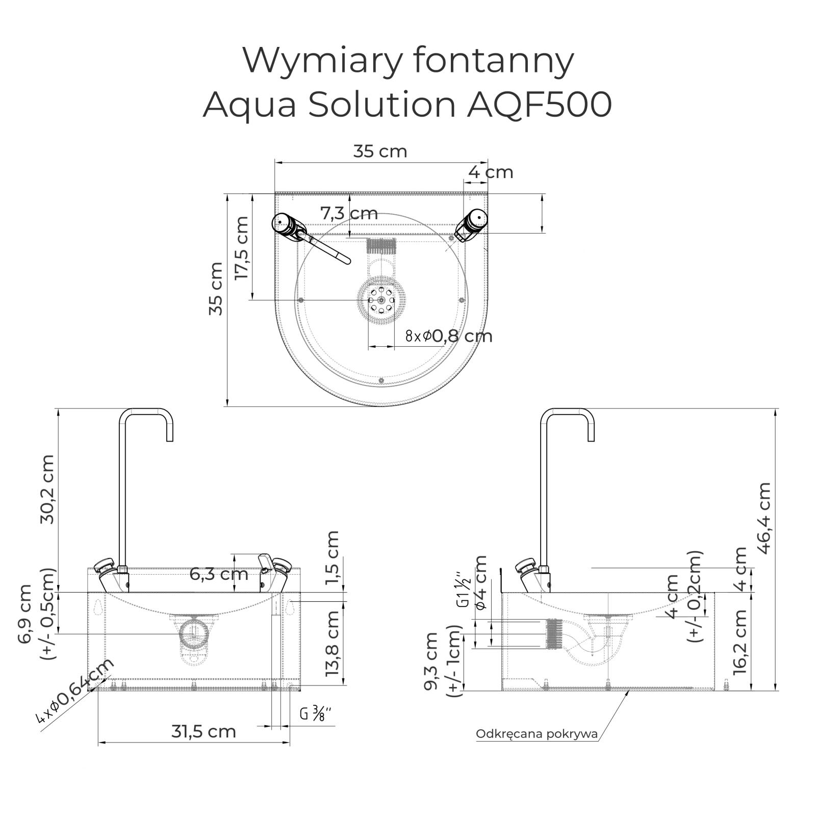 Wiszące źródełko wody - AQF500 - przekróc - rysunek techniczny i wymiary 