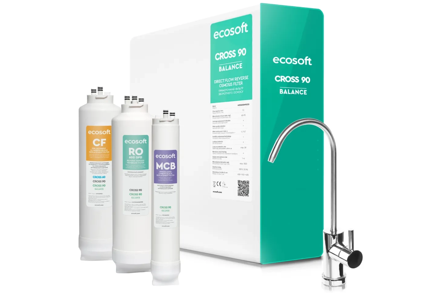 Filtr odwróconej osmozy bez zbiornika Ecosoft CROSS 90 Balance - biało zieolna obudowa z 3 wkłądami i chromowaną baterią