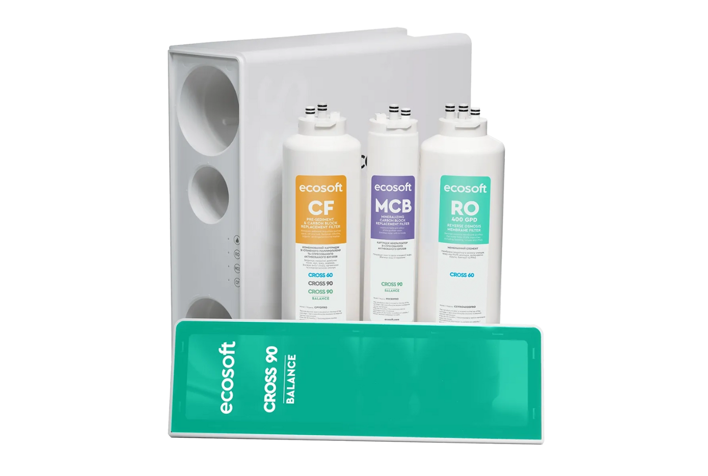 Filtr odwróconej osmozy bez zbiornika Ecosoft CROSS 90 Balance - wyjęte wkłady odwróconej osmozy i pokrywka przydnia w kolorze zielonym