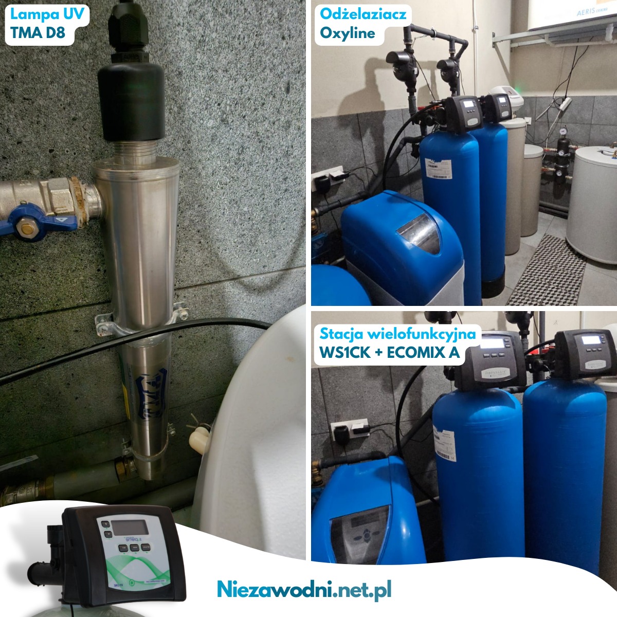 Niebieskie odżelaziacze wody i stacja wielofunkcyjna w wersji kompaktowej + lampa UV tma d8 - realziacja niezawodni.net.pl