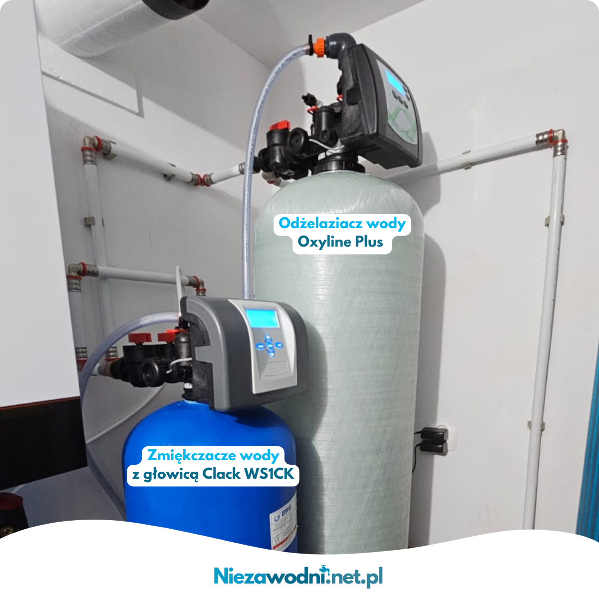 Odżelaziacz i zmiękczacz wody zainstalowane w kotłowni - instalaca wykonana przez Niezawodni.net.pl