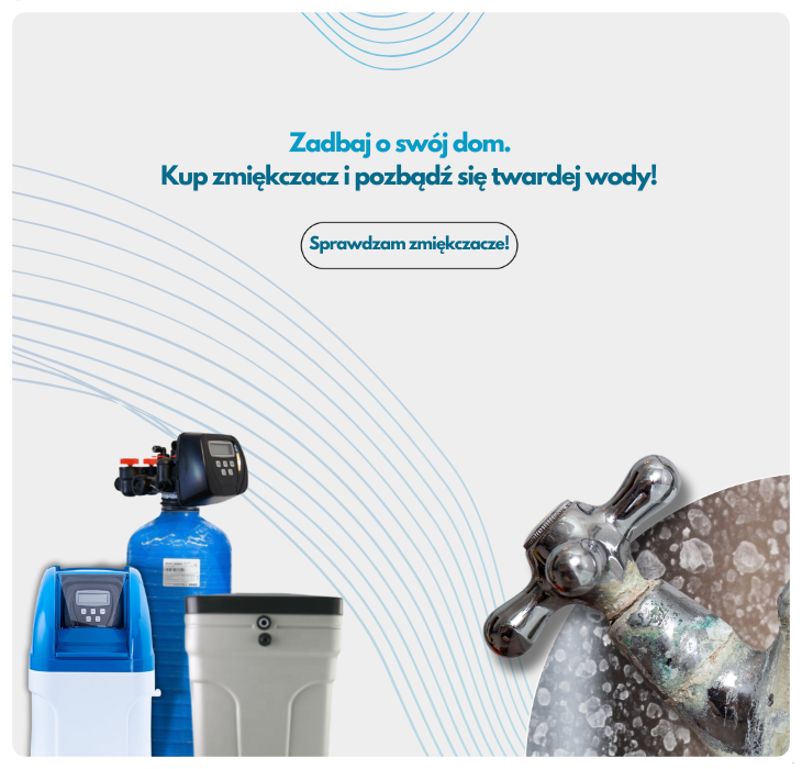 Baner 2 - pozbądź się twardej wody z domu - baner o usuwaniu skutków kamienia kotłowego w wodzie - przedstawia zdjęcia wylewki i kabiny prysznicowej p
