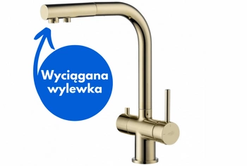 Bateria trójdrożna Apala Złoto Blue Water - Z Podłączeniem Filtra Wody - Z Wyciąganym Kranem